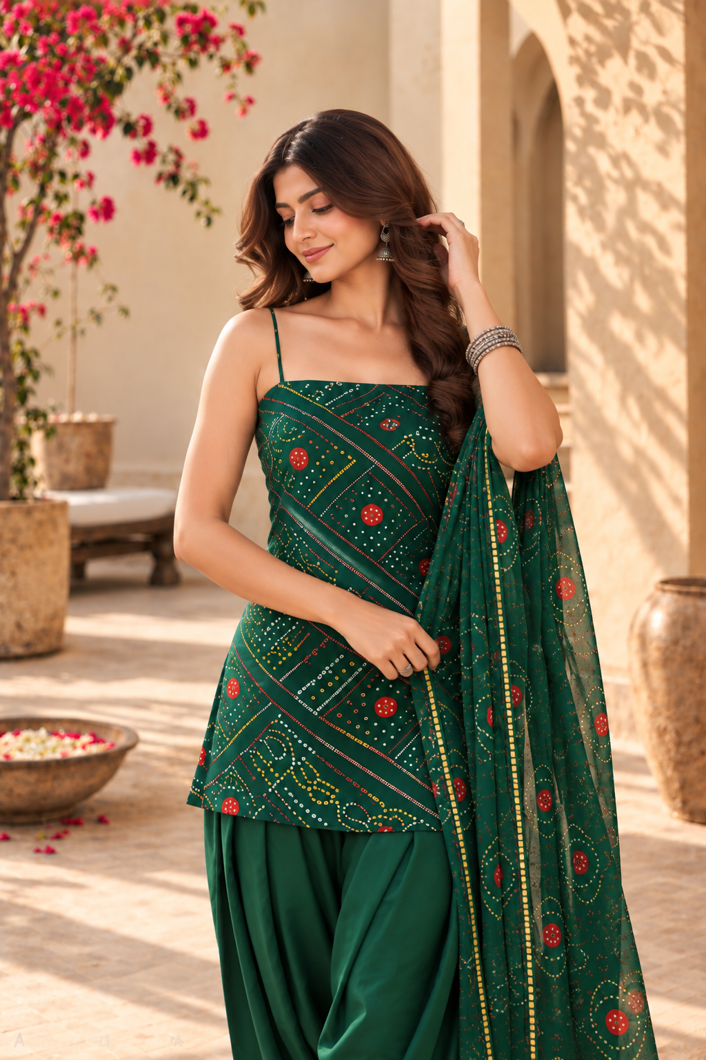 SNEHI GREEN BANDHEJ FARSHI SET