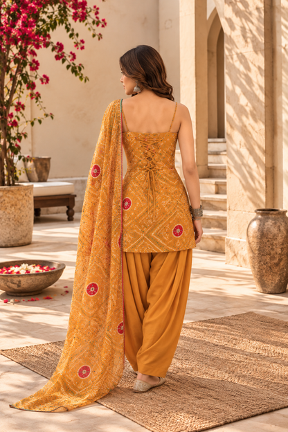 RENUKA YELLOW BANDHEJ FARSHI SET