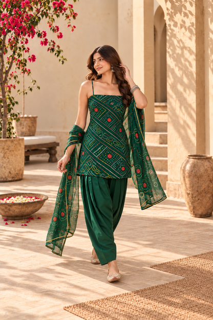 SNEHI GREEN BANDHEJ FARSHI SET