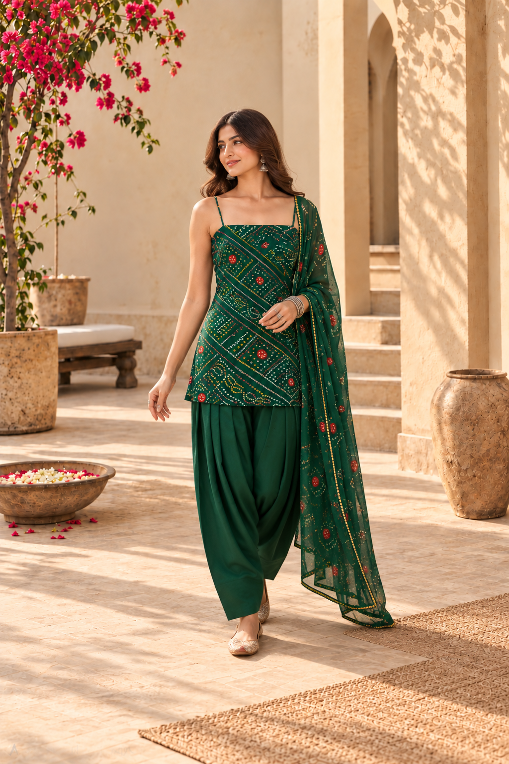 SNEHI GREEN BANDHEJ FARSHI SET