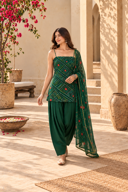SNEHI GREEN BANDHEJ FARSHI SET
