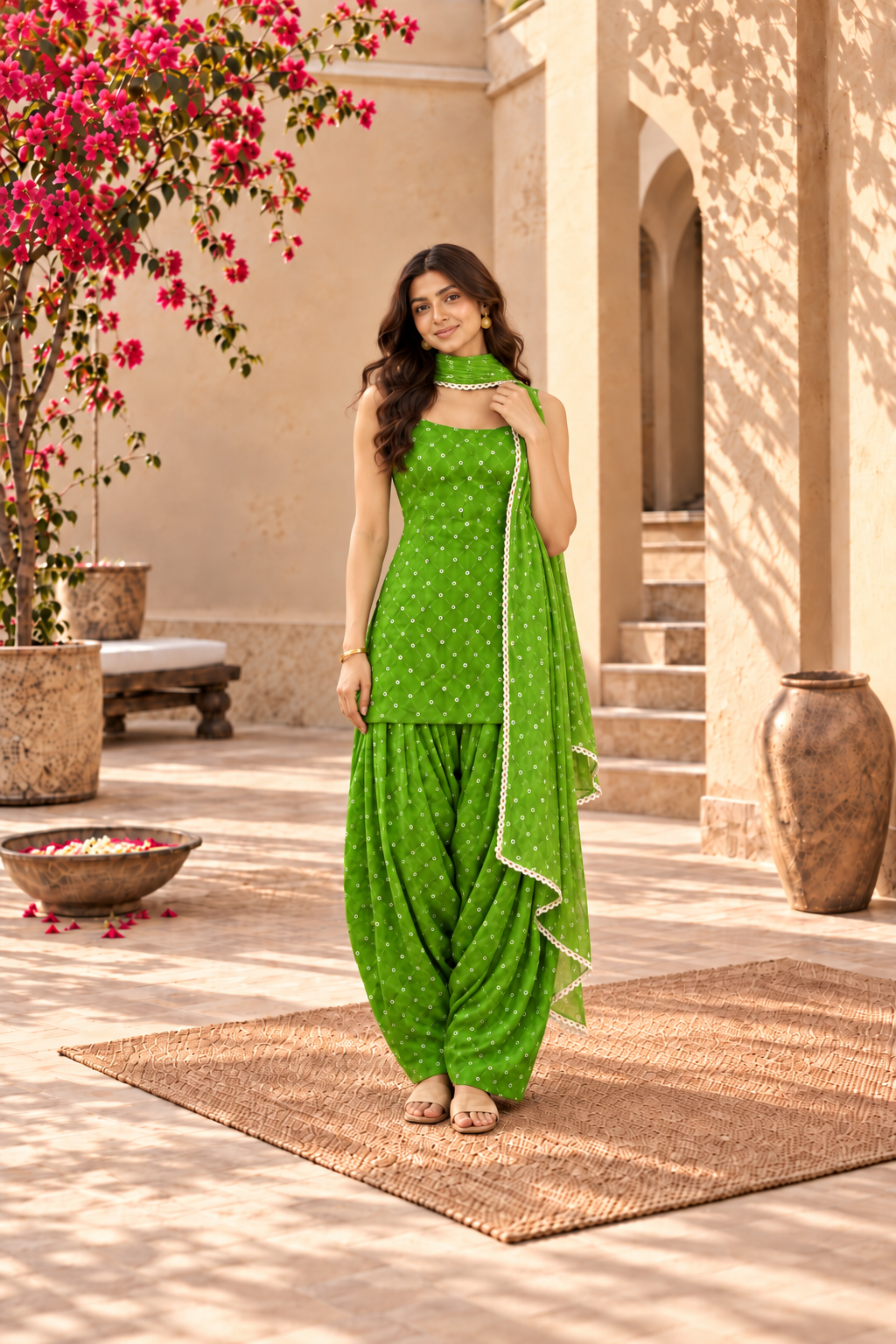 CHELSI GREEN BANDHEJ FARSHI SET