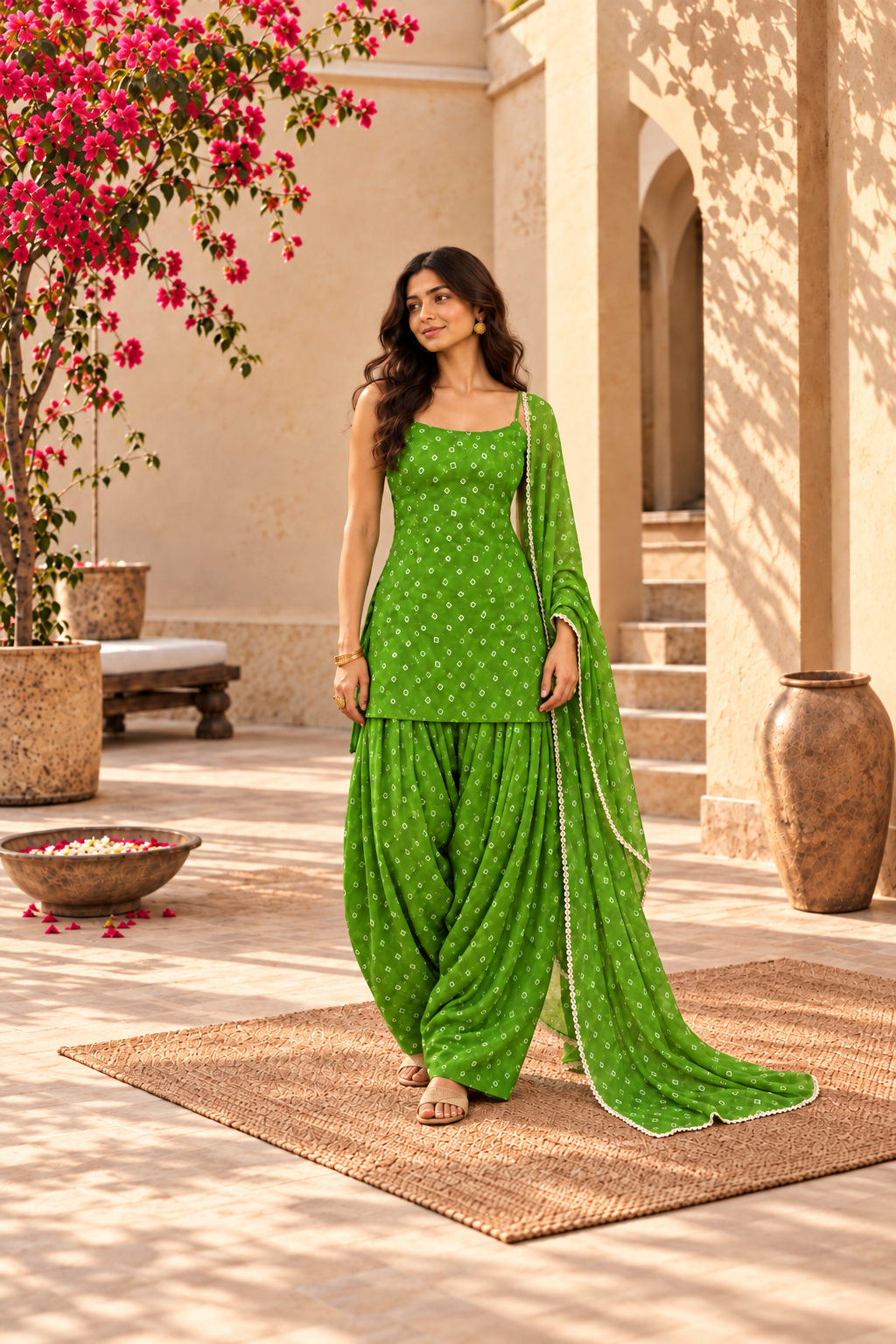 CHELSI GREEN BANDHEJ FARSHI SET