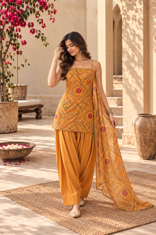 RENUKA YELLOW BANDHEJ FARSHI SET