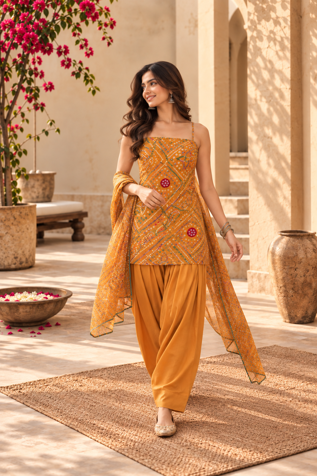 RENUKA YELLOW BANDHEJ FARSHI SET