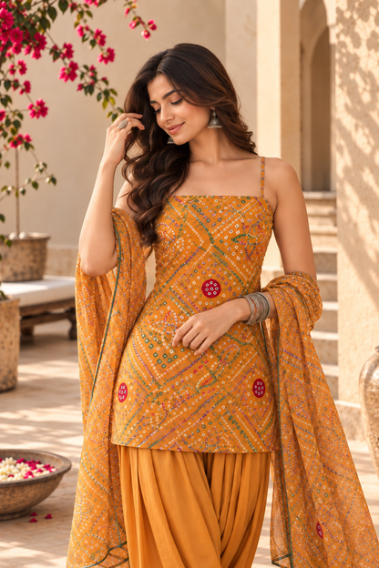 RENUKA YELLOW BANDHEJ FARSHI SET