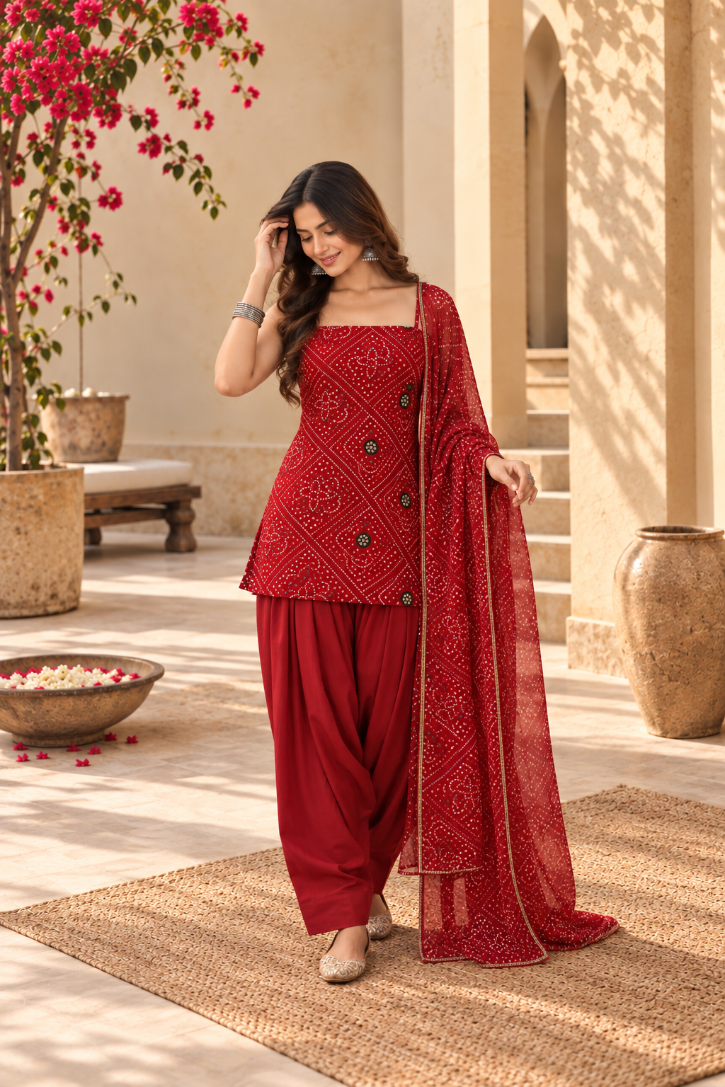 JONITA RED BANDHEJ FARSHI SET