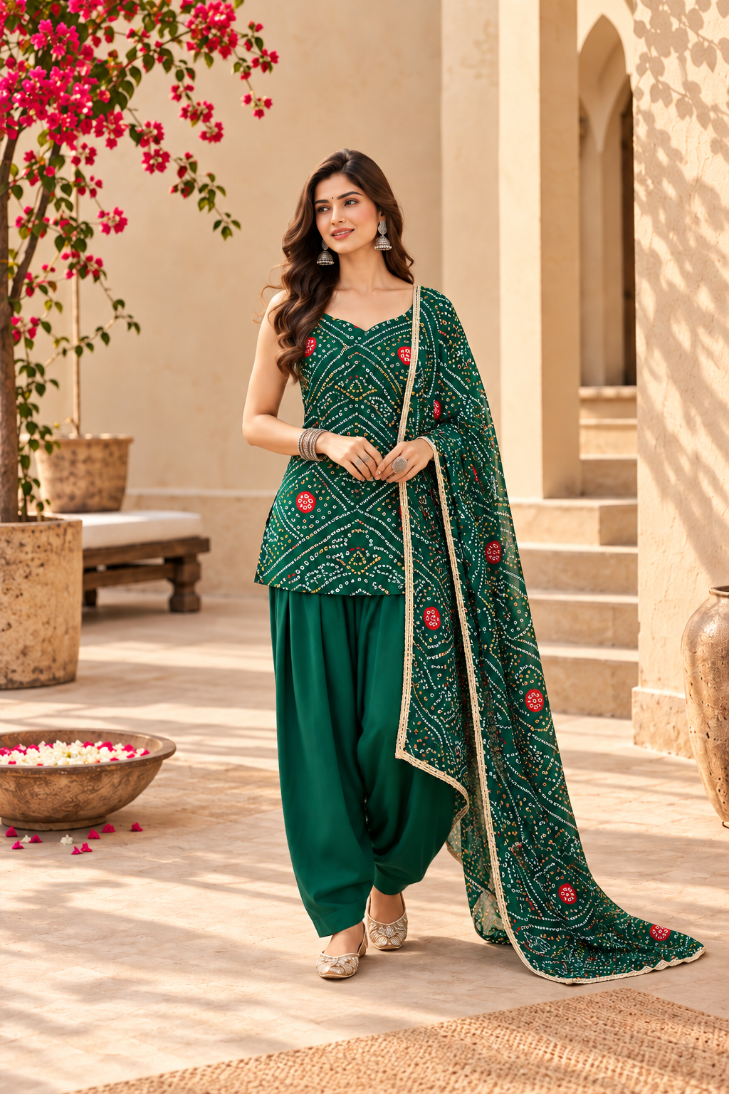 HANSIKA GREEN BANDHEJ FARSHI SET