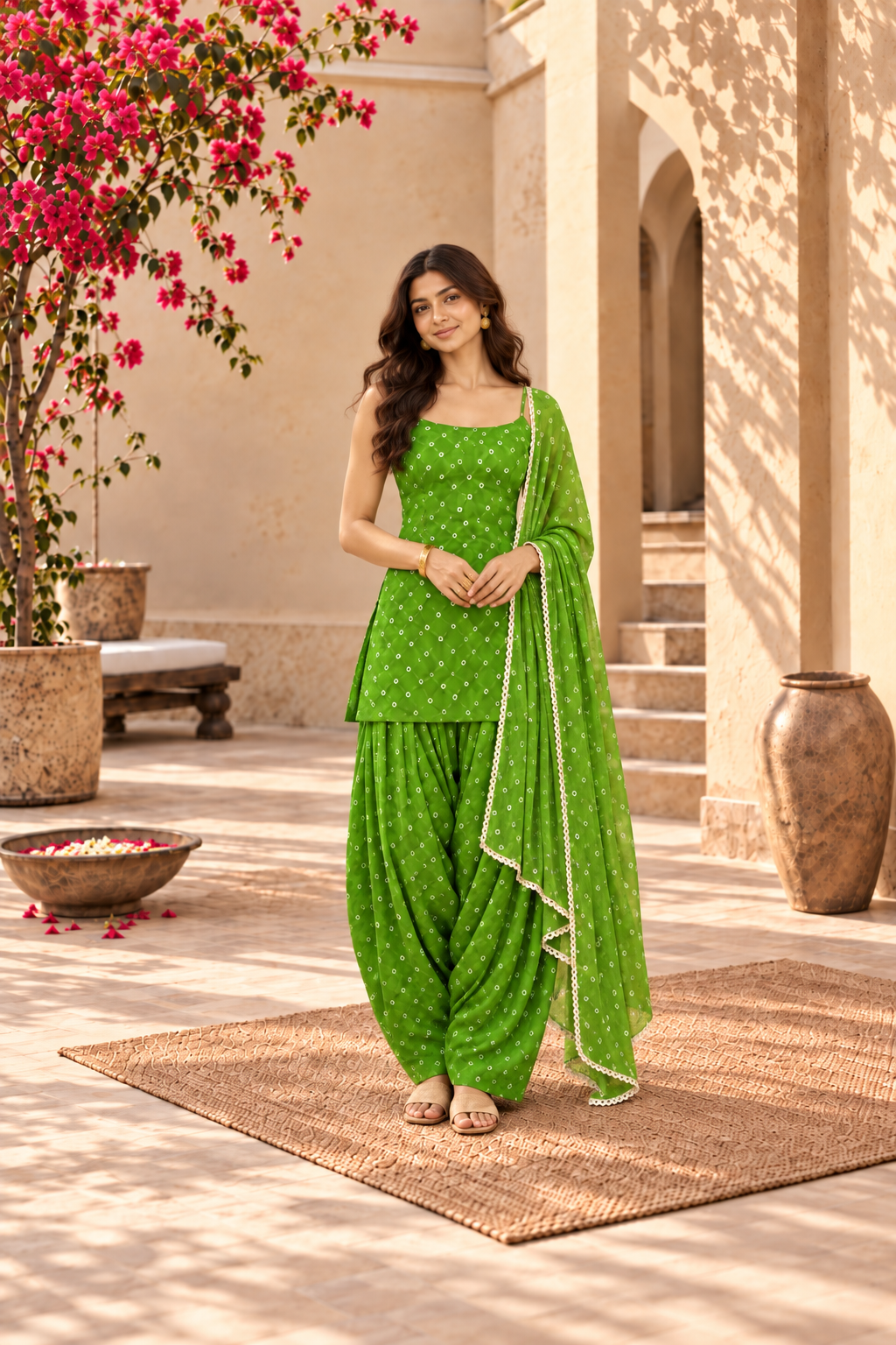 CHELSI GREEN BANDHEJ FARSHI SET