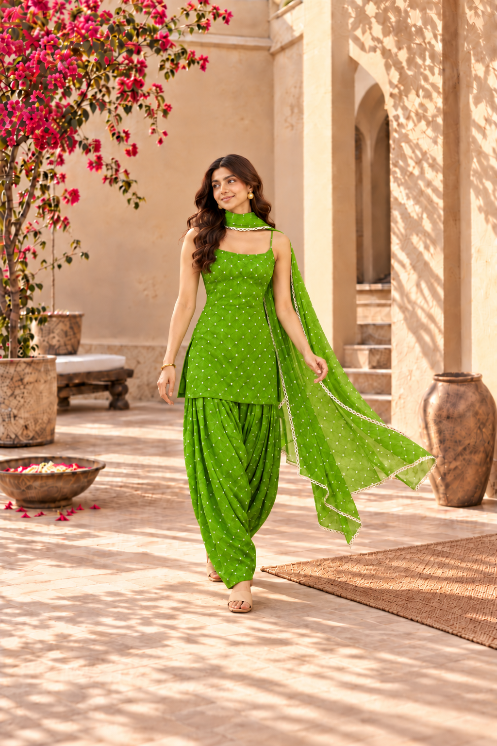 CHELSI GREEN BANDHEJ FARSHI SET