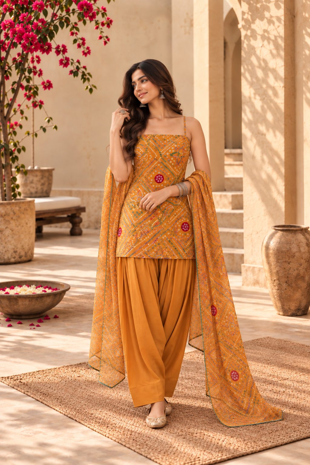 RENUKA YELLOW BANDHEJ FARSHI SET