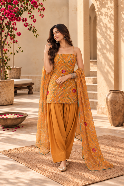 RENUKA YELLOW BANDHEJ FARSHI SET