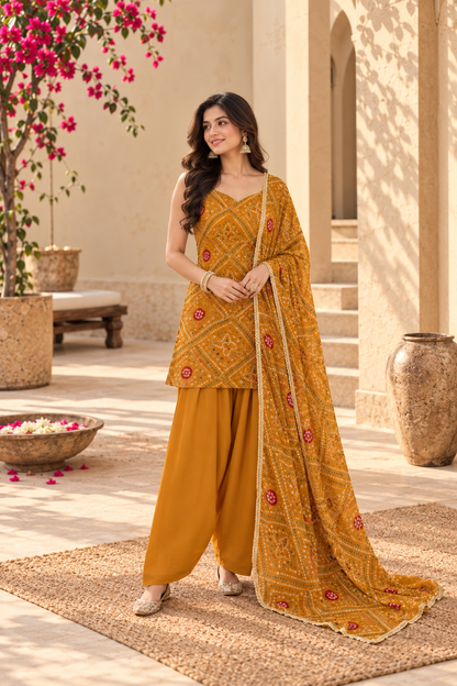 CHHAYA YELLOW BANDHEJ FARSHI SET
