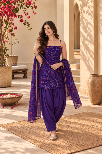 FARHANA PURPLE BANDHEJ FARSHI SET