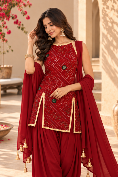AYUSHI RED BANDHEJ FARSHI SET