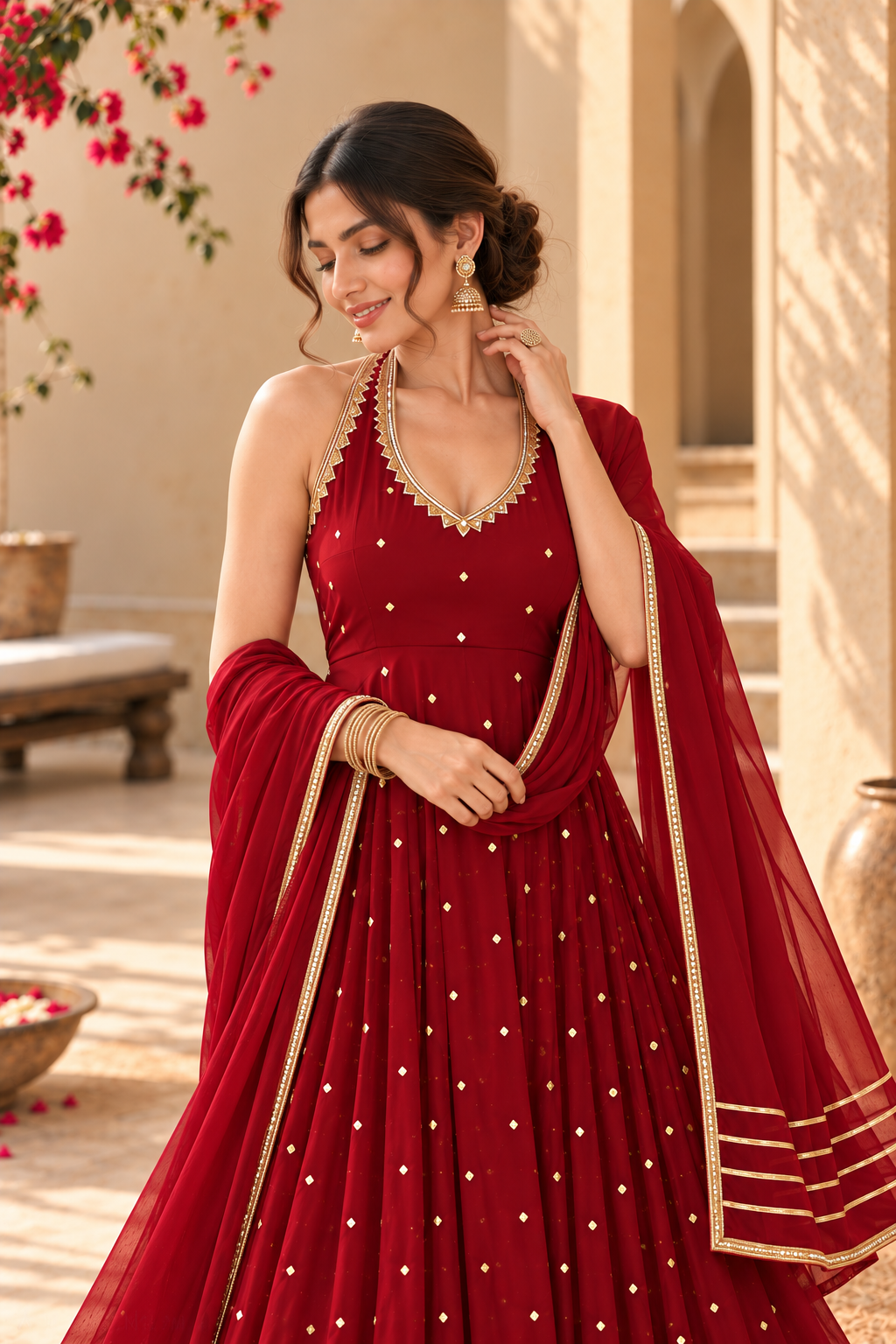 AASTHA MAROON HALTER NECK ANARKALI SET