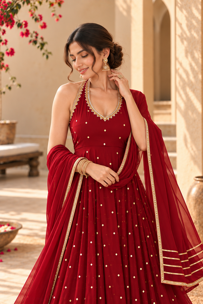 AASTHA MAROON HALTER NECK ANARKALI SET