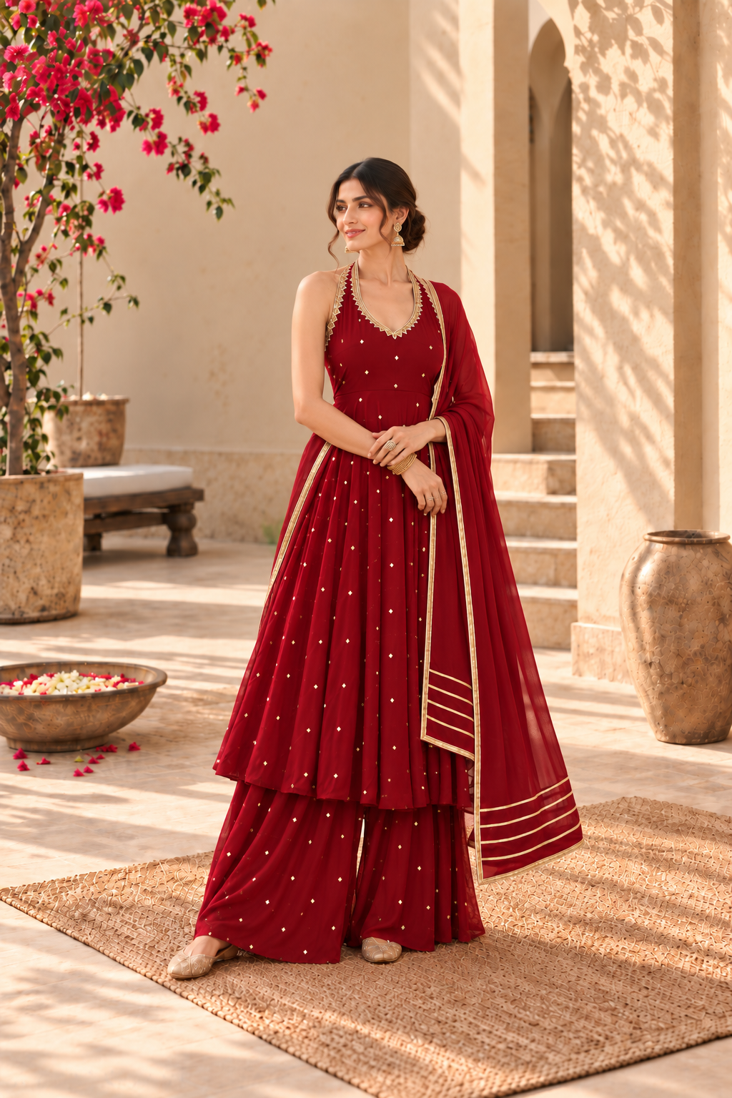 AASTHA MAROON HALTER NECK ANARKALI SET