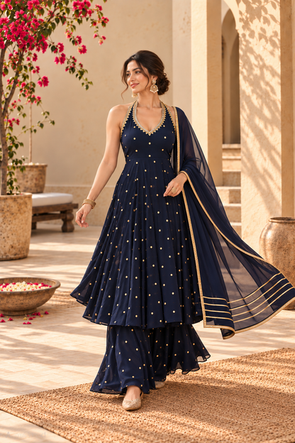 AARTHA NAVY BLUE HALTER NECK ANARKALI SET