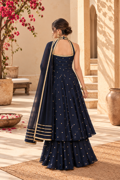 AARTHA NAVY BLUE HALTER NECK ANARKALI SET