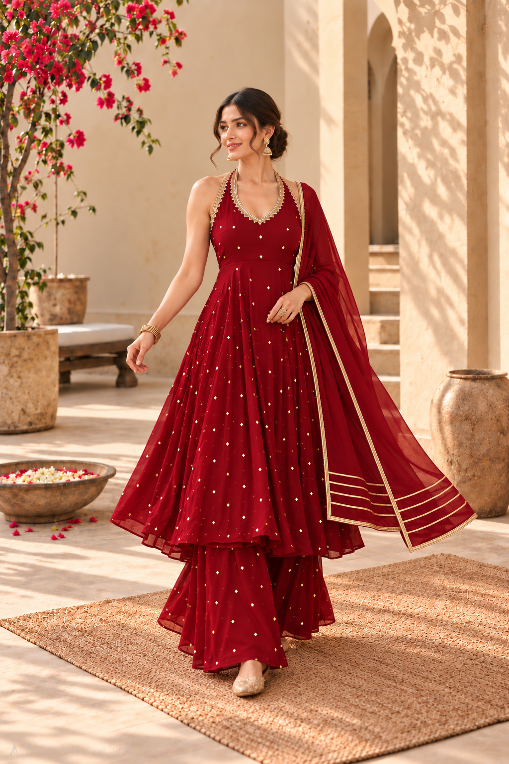 AASTHA MAROON HALTER NECK ANARKALI SET
