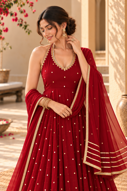 AASTHA MAROON HALTER NECK ANARKALI SET