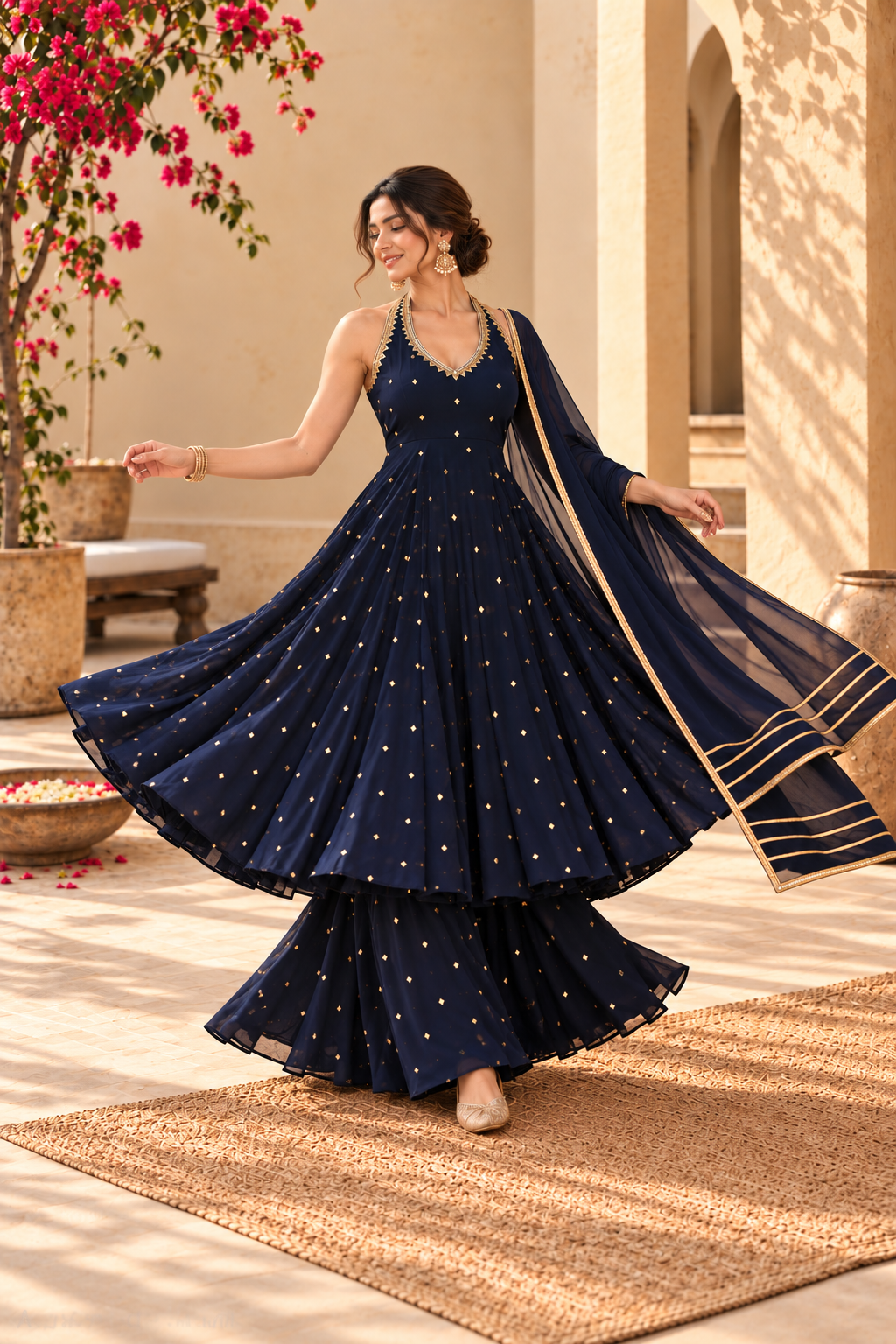 AARTHA NAVY BLUE HALTER NECK ANARKALI SET