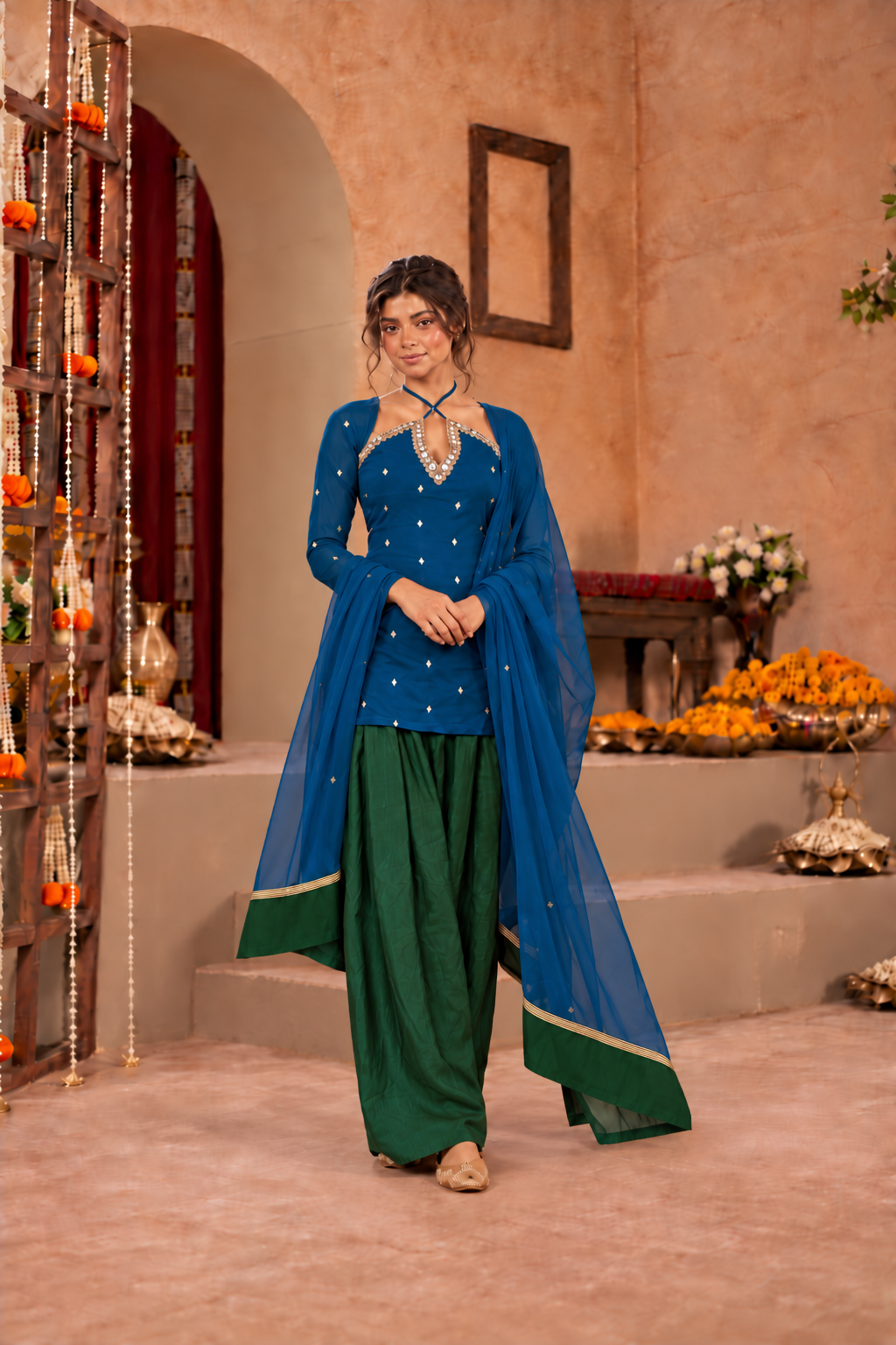 SHANAYA PEACOCK BLUE GREEN EMBELLISHED FARSHI SET
