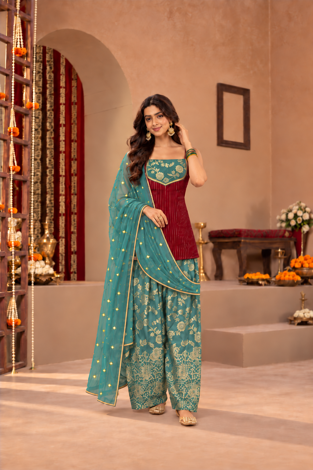 VIDYA MAROON TEAL BROCADE COLOR BLOCK FARSHI SET