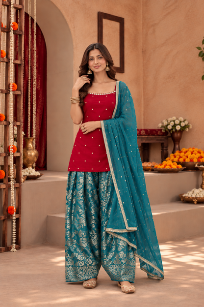 JAGRUTI RED TEAL FARSHI SALWAR SET