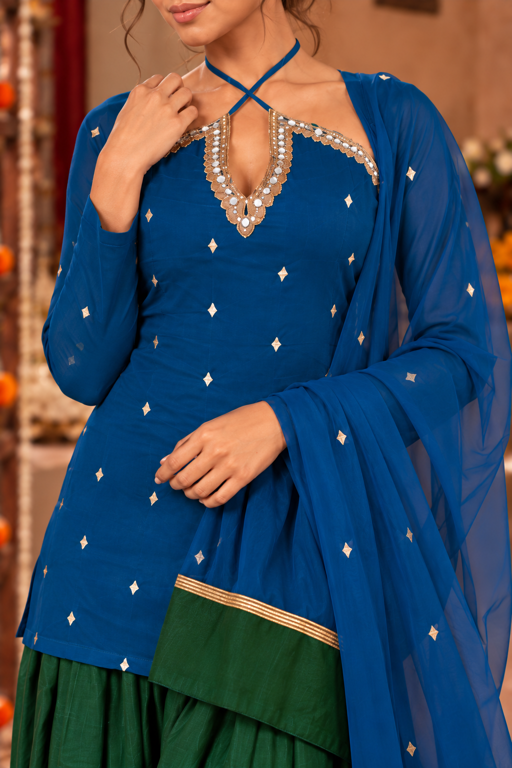 SHANAYA PEACOCK BLUE GREEN EMBELLISHED FARSHI SET