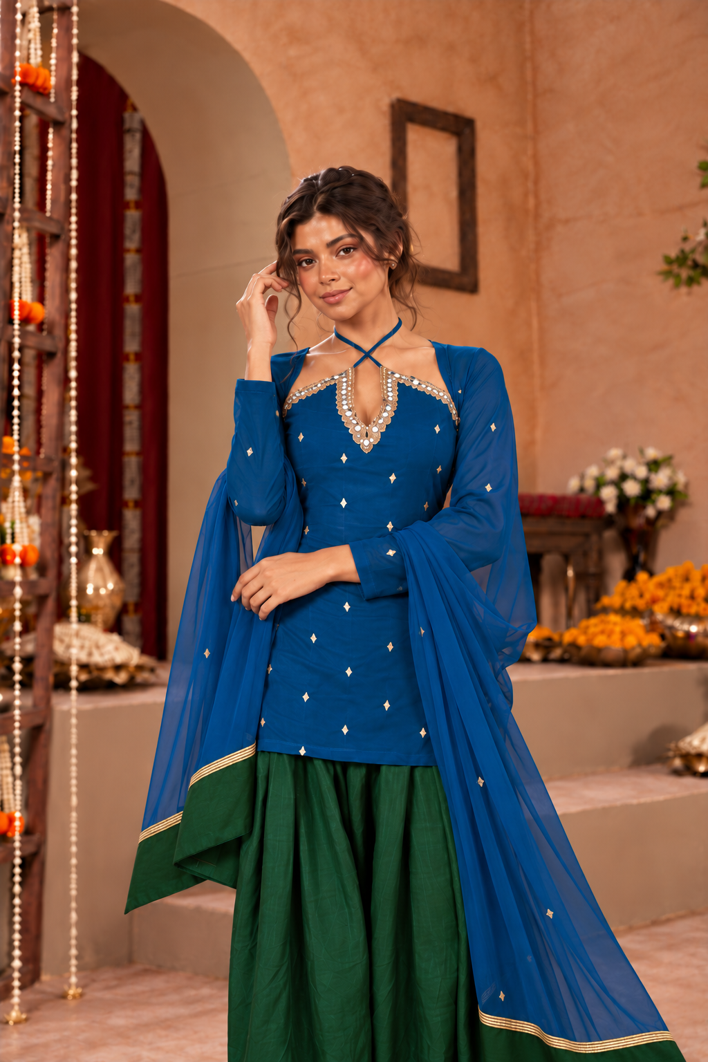 SHANAYA PEACOCK BLUE GREEN EMBELLISHED FARSHI SET