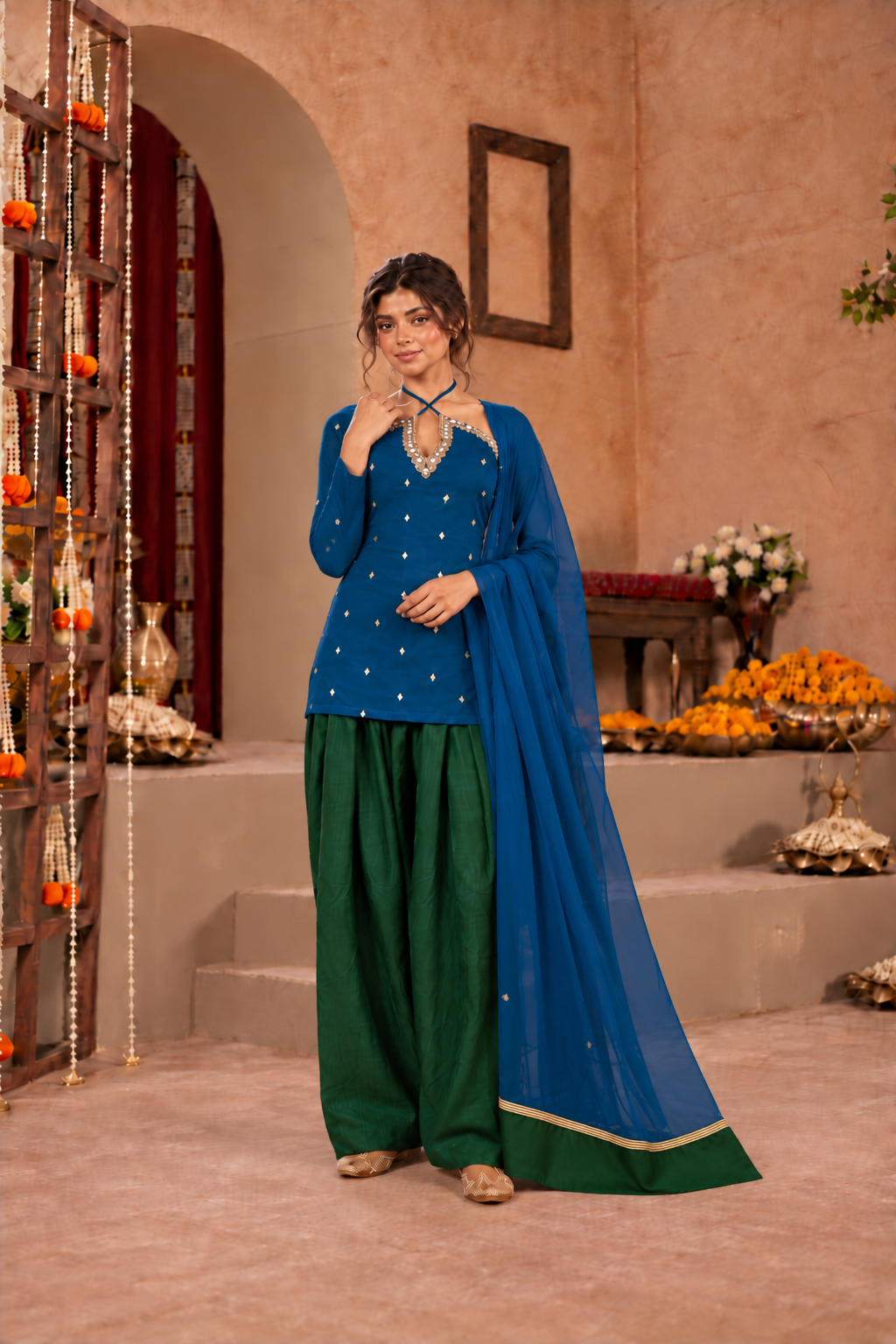 SHANAYA PEACOCK BLUE GREEN EMBELLISHED FARSHI SET