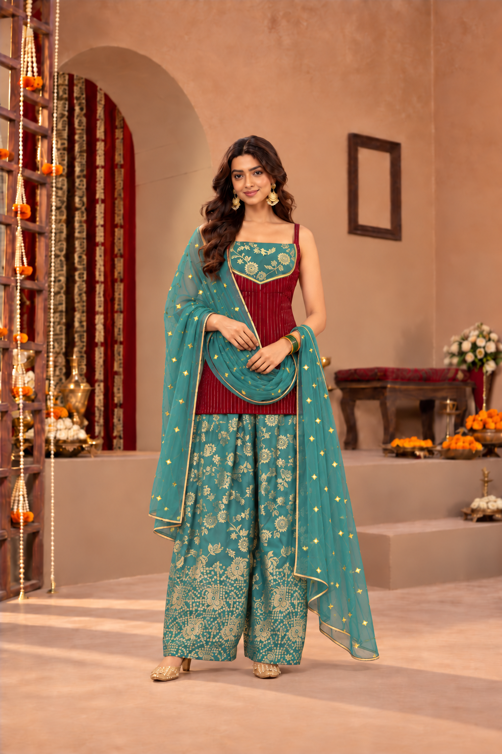 VIDYA MAROON TEAL BROCADE COLOR BLOCK FARSHI SET