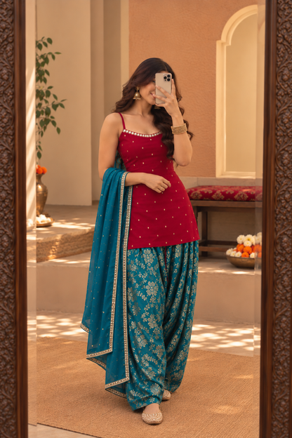 JAGRUTI RED TEAL FARSHI SALWAR SET