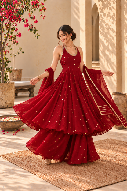 AASTHA MAROON HALTER NECK ANARKALI SET