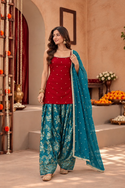 JAGRUTI RED TEAL FARSHI SALWAR SET