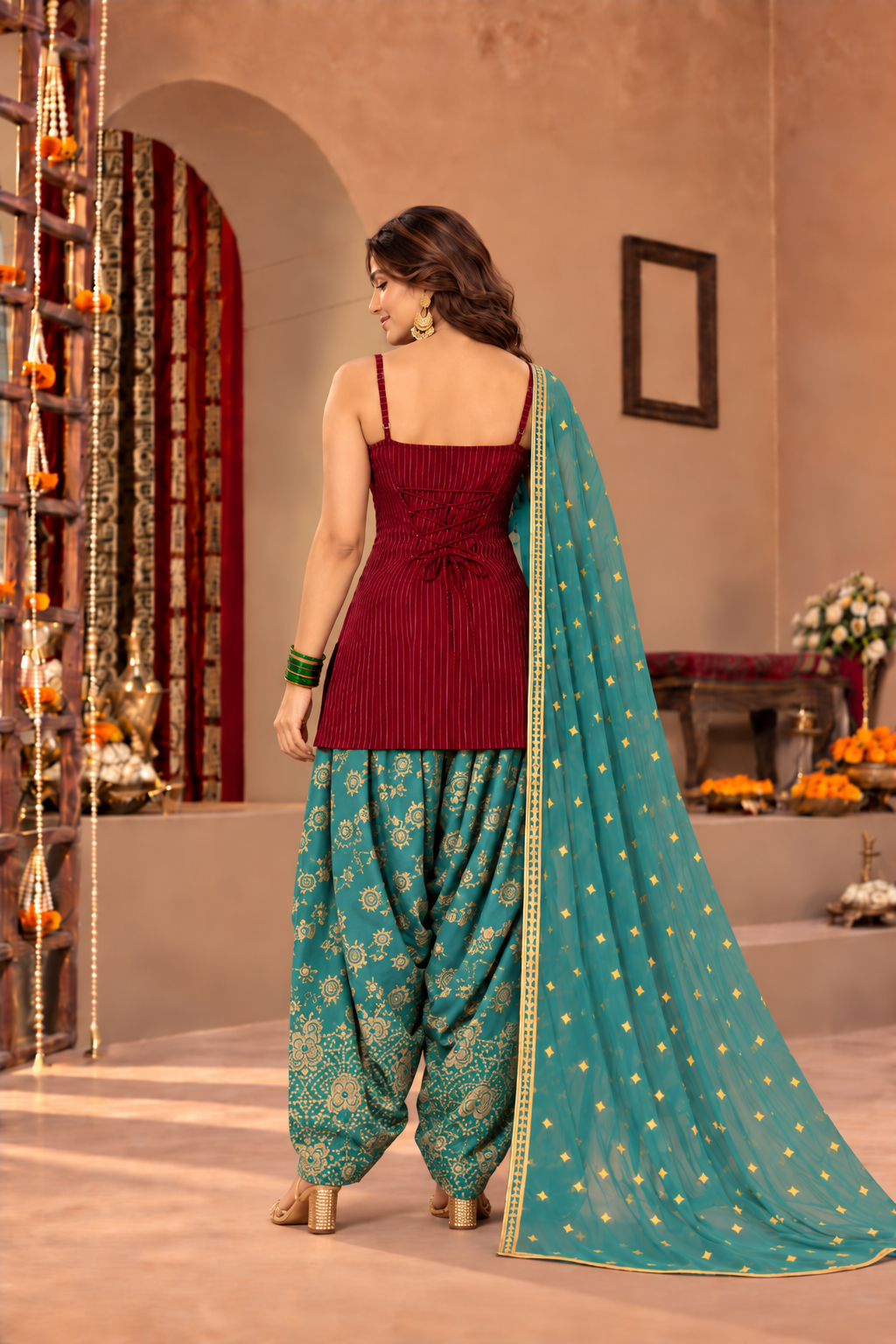 VIDYA MAROON TEAL BROCADE COLOR BLOCK FARSHI SET