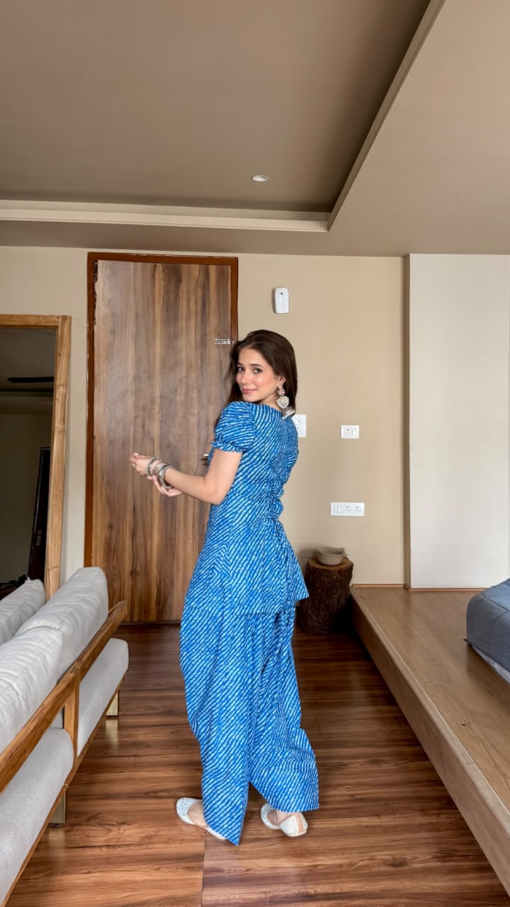 RISHANI BLUE COTTON LEHERIYA FARSHI SET