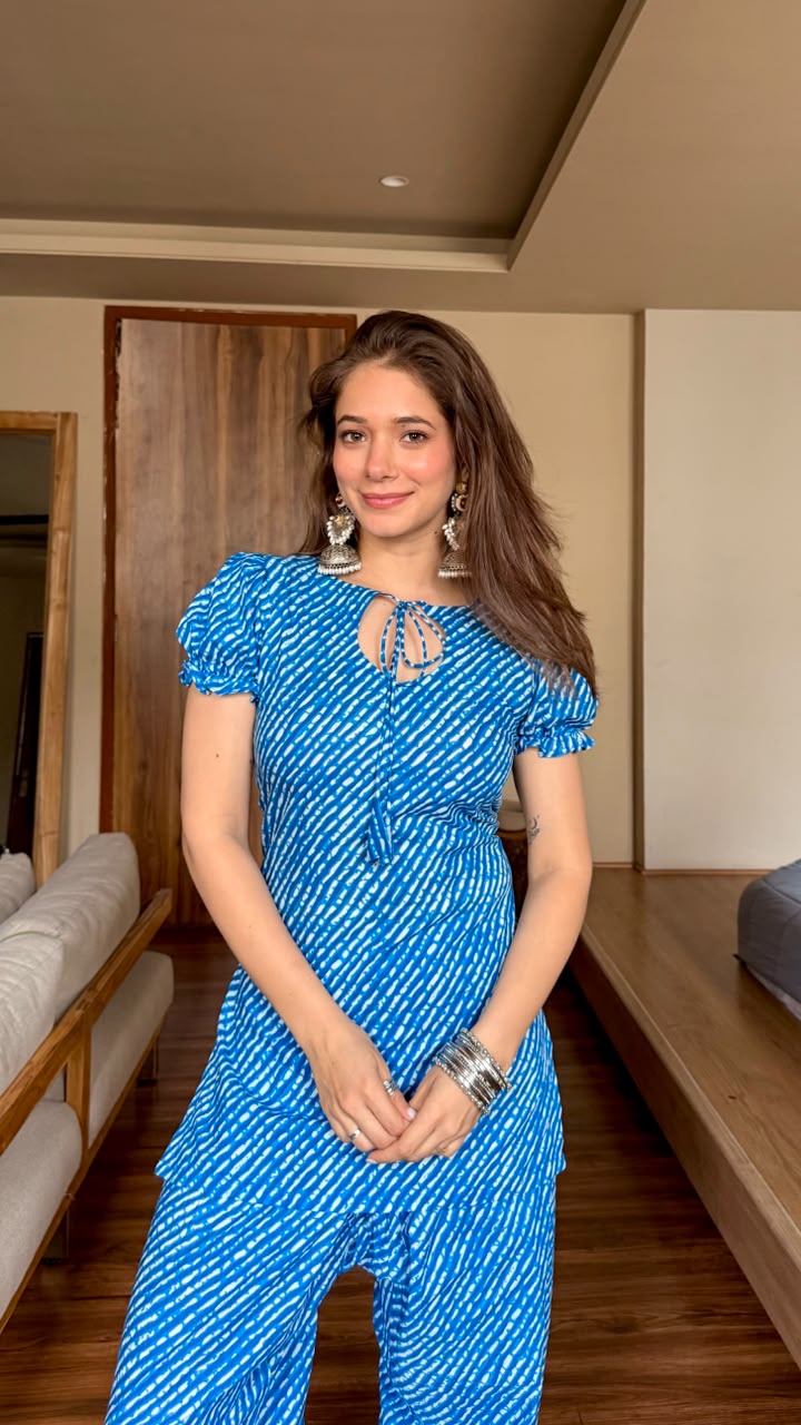 RISHANI BLUE COTTON LEHERIYA FARSHI SET