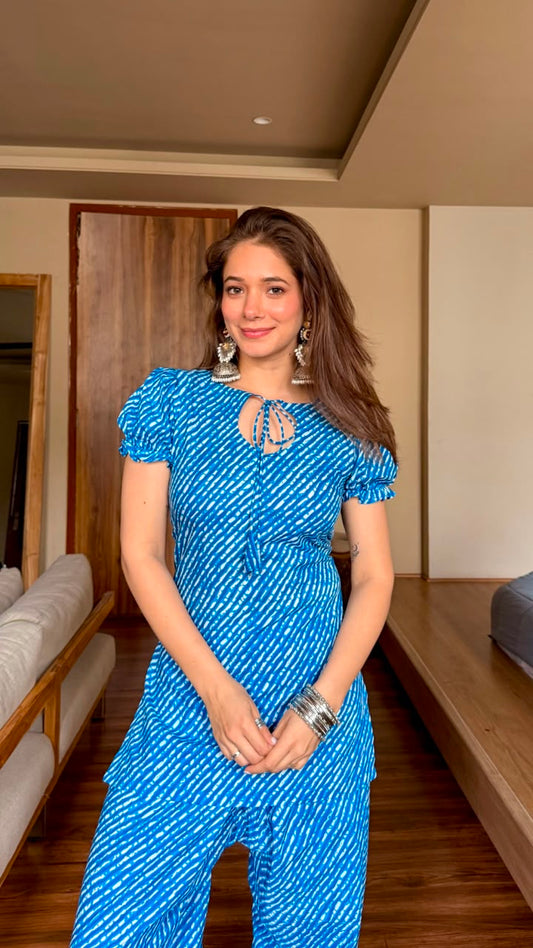RISHANI BLUE COTTON LEHERIYA FARSHI SET