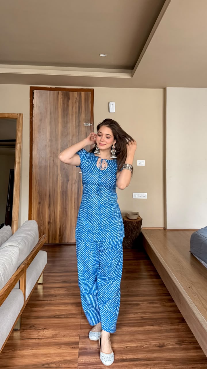 RISHANI BLUE COTTON LEHERIYA FARSHI SET