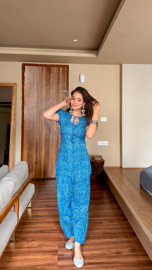 RISHANI BLUE COTTON LEHERIYA FARSHI SET