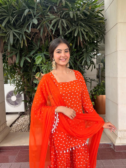 DIVYANGI ORANGE BANDHEJ FARSHI SET