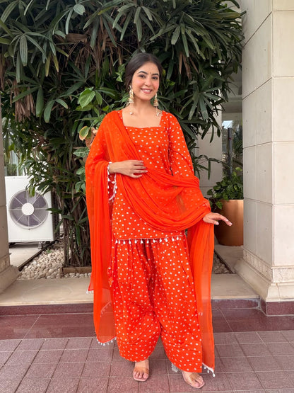 DIVYANGI ORANGE BANDHEJ FARSHI SET