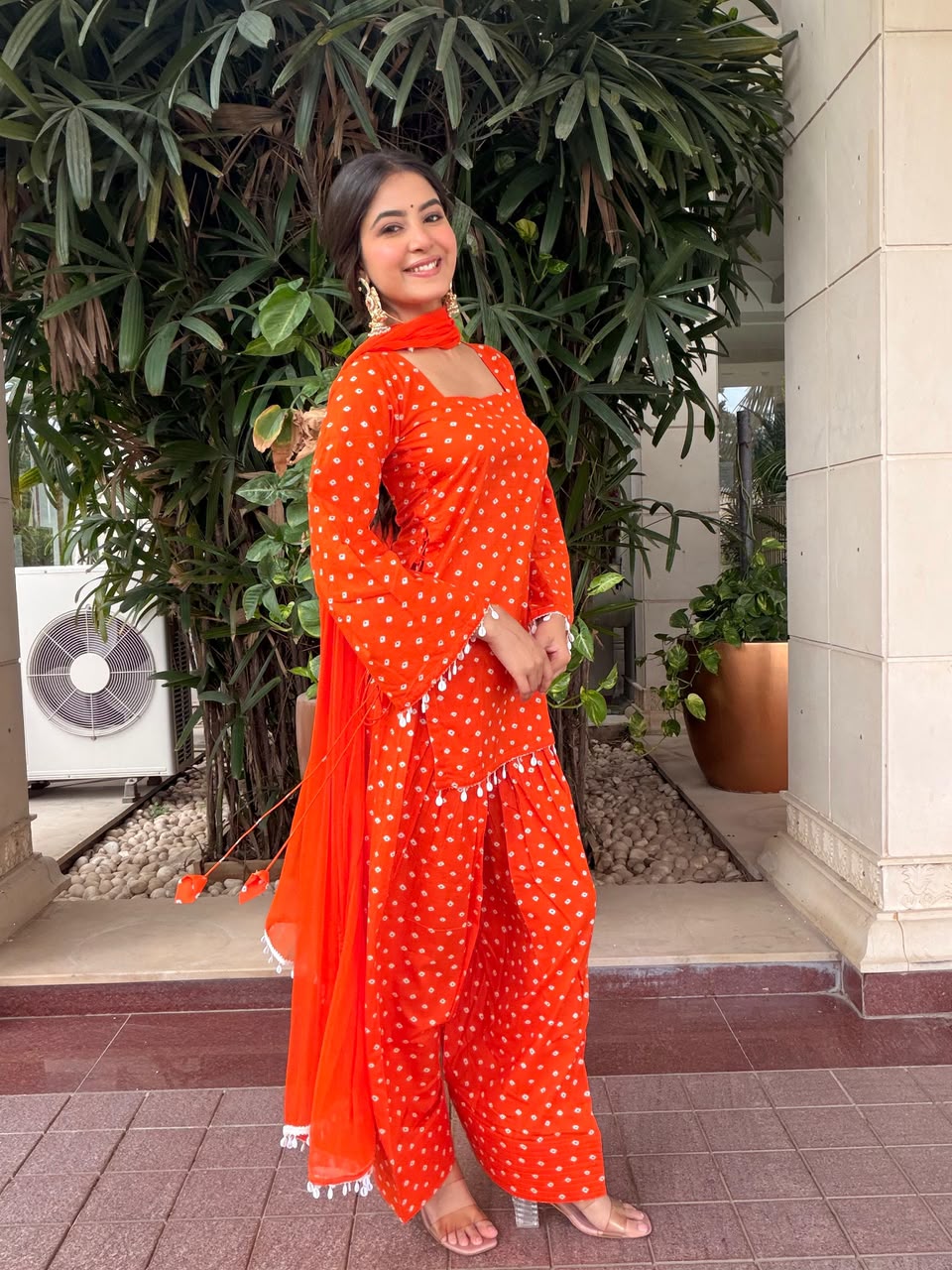 DIVYANGI ORANGE BANDHEJ FARSHI SET