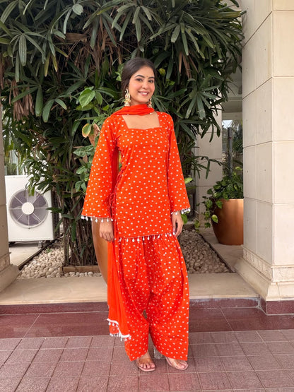 DIVYANGI ORANGE BANDHEJ FARSHI SET