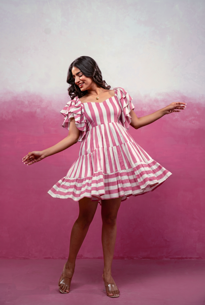 NEYRA RED-GREEN STRIPED SHORT DRESS