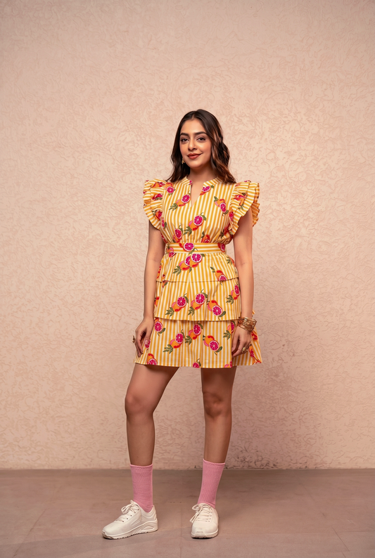 AVERY YELLOW STRIPED PRINTED RUFFLE SHORT DRESS