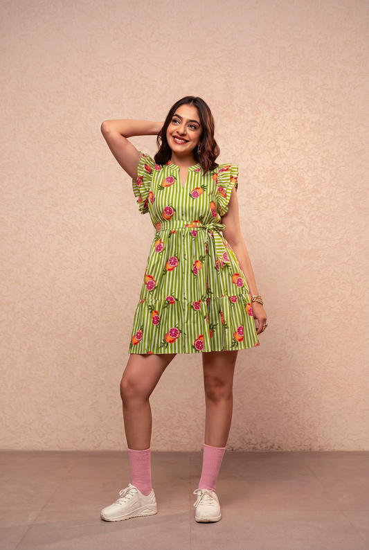 CAMIA GREEN STRIPED PRINTED RUFFLE SHORT DRESS